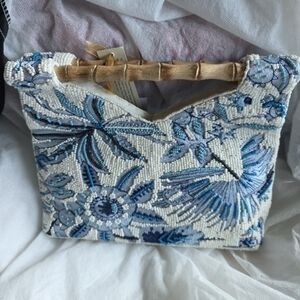 Embroidered Blue and White Handbag